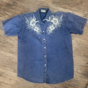 Womens Denim short sleeved button up with beaded floral embellishments GUC